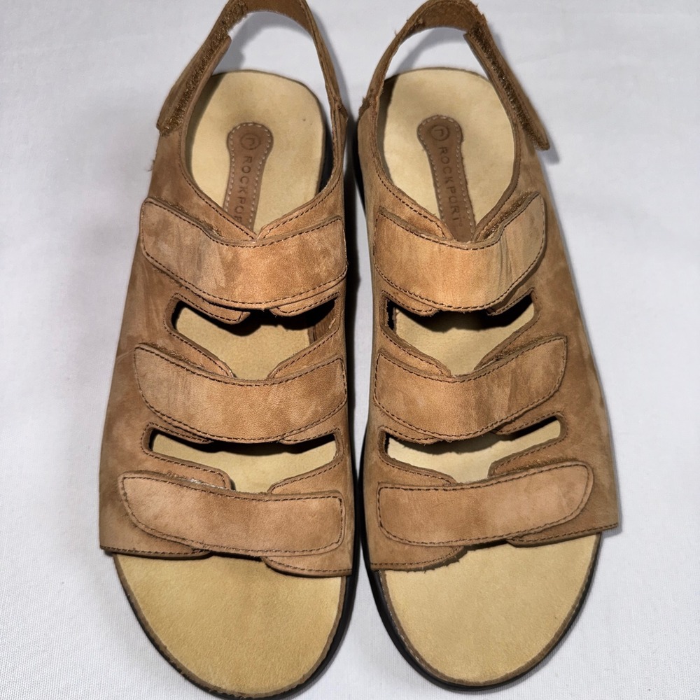 Rockport Womens Tan Leather Multi Strap Comfort Wedge Sandals APW7302F Size 8.5M